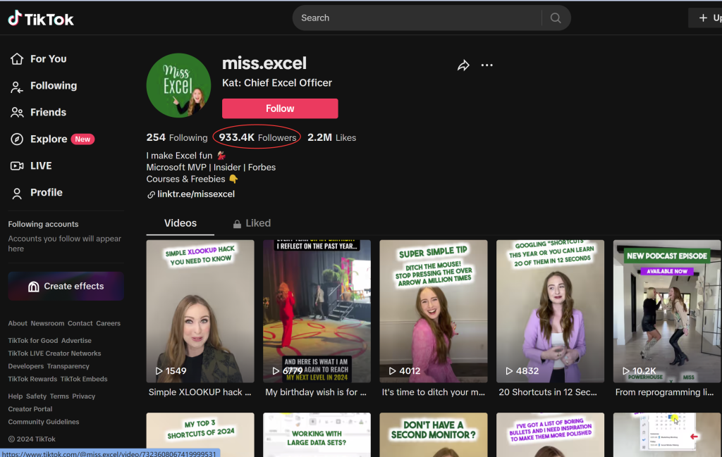 (miss Excel的TikTok账号主页,目前有93万粉丝)